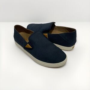Olukai Pehuea Navy Blue Textured Leather Slip On Boat Shoes Sneakers Women’s 7